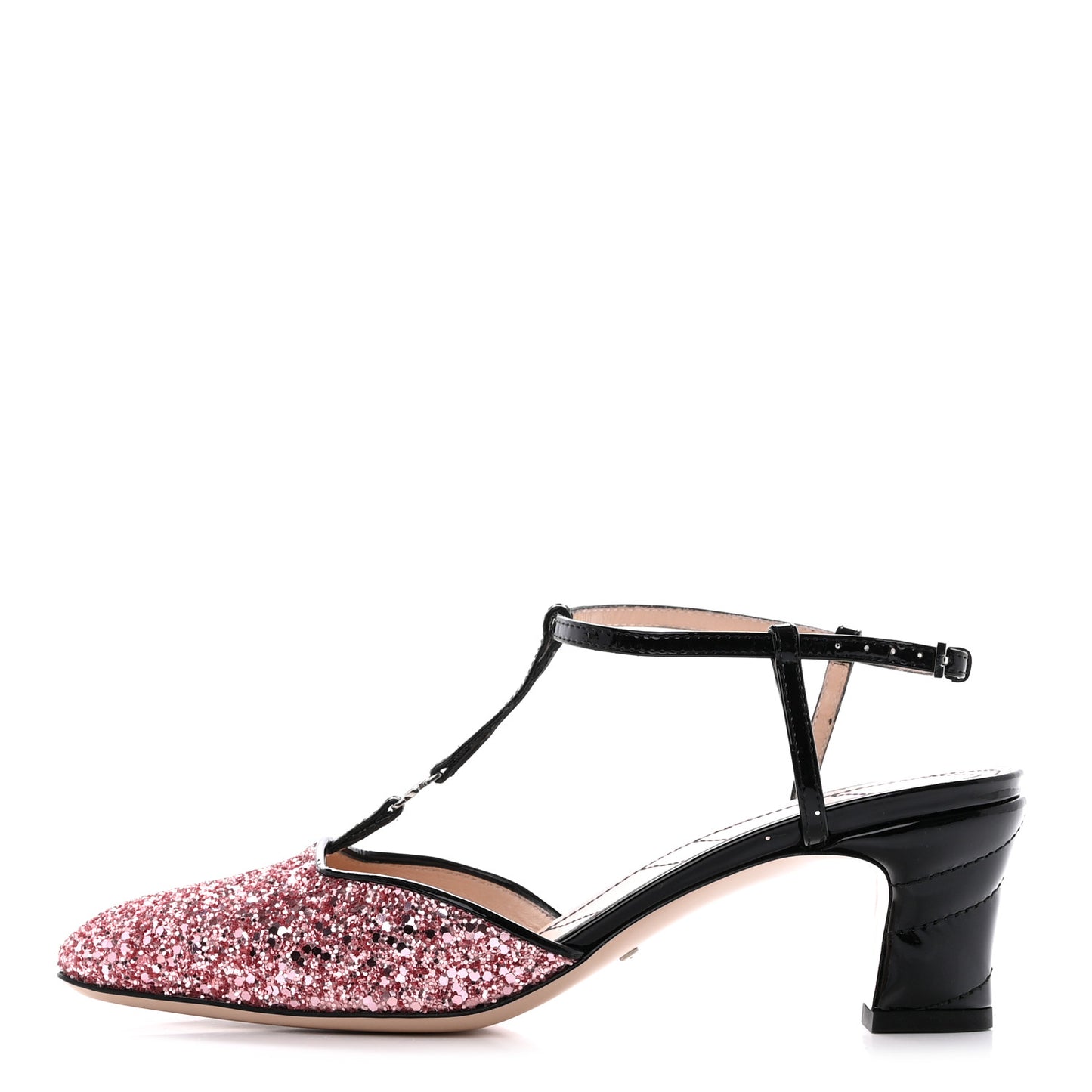 Calfskin Glitter Double G 55mm Slingback Pumps 37 Black Pink Glitter