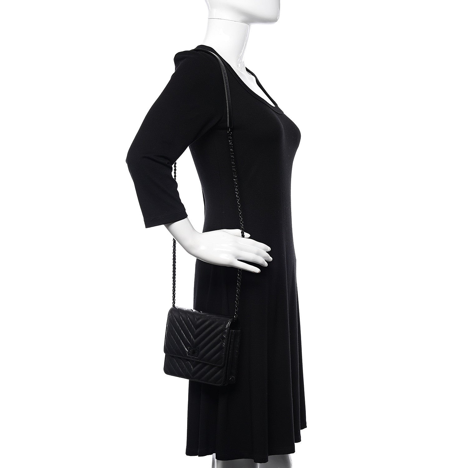 Chanel Aged Calfskin Chevron Quilted Reissue 2.55 Square Wallet On Chain WOC So Black 2 of 12