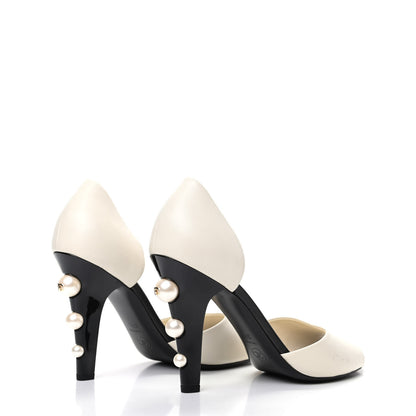 Chanel Lambskin Pearl Peep Toe d'Orsay Pumps 37.5 White Black 4 of 8