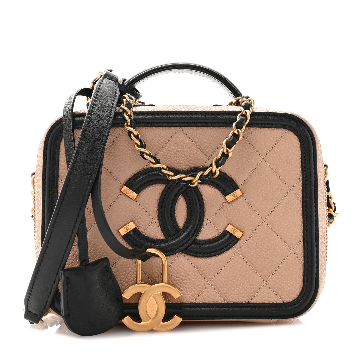 Chanel Caviar Quilted Small CC Filigree Vanity Case Beige Black 1 of 10