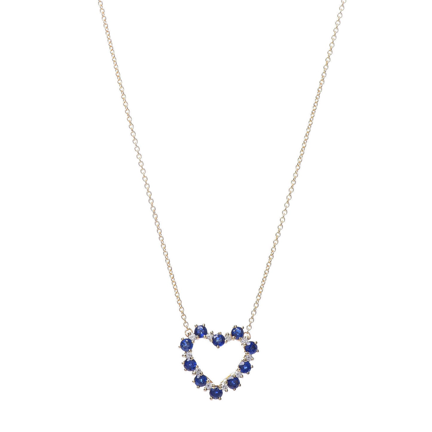 18K Yellow Gold Diamond Sapphire Heart Pendant Necklace