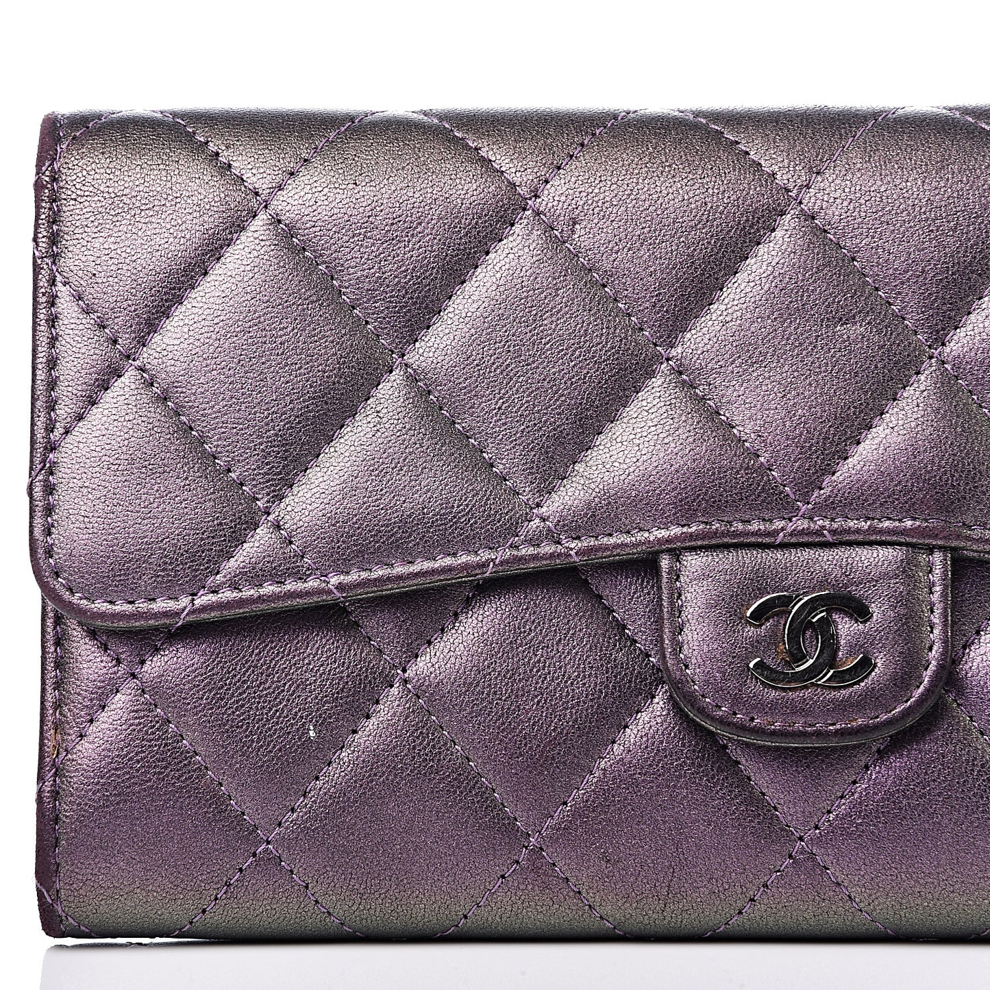 Iridescent Lambskin Quilted Large Gusset Flap Wallet Purple