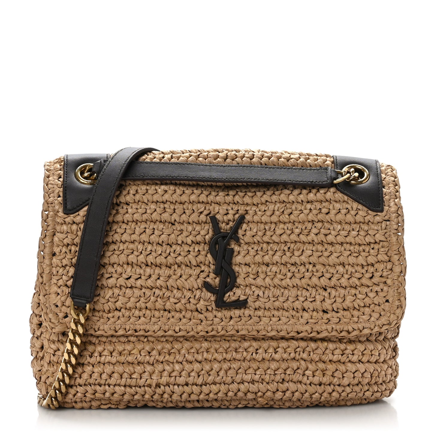Raffia Calfskin Monogram Medium Niki Chain Satchel Natural