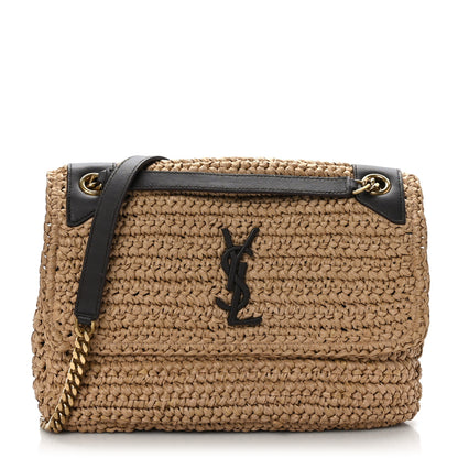 Saint Laurent Raffia Calfskin Monogram Medium Niki Chain Satchel Natural 1 of 9