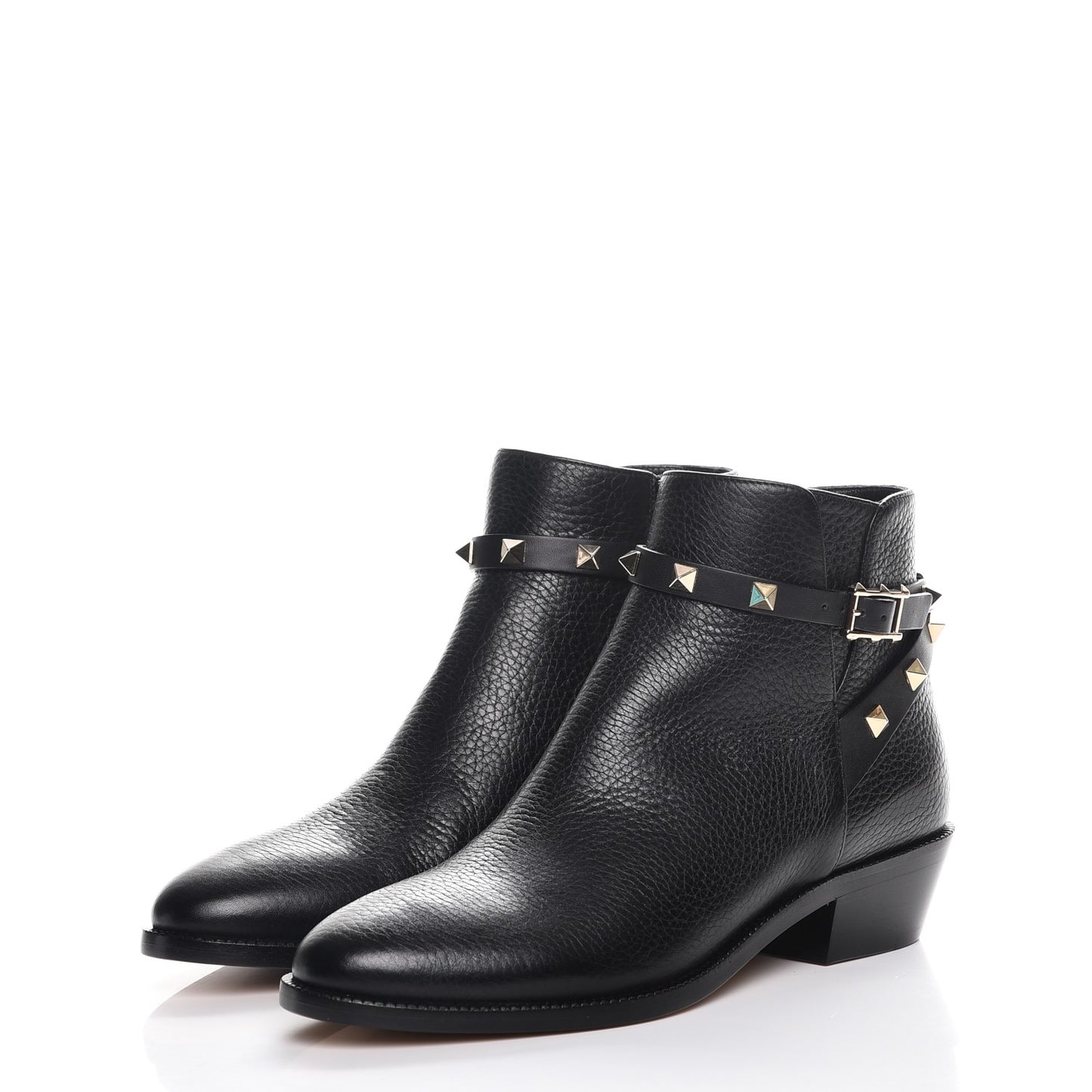 Grained Calfskin Rockstud Single Buckle 35mm Cowboy Ankle Boots 36.5 Black
