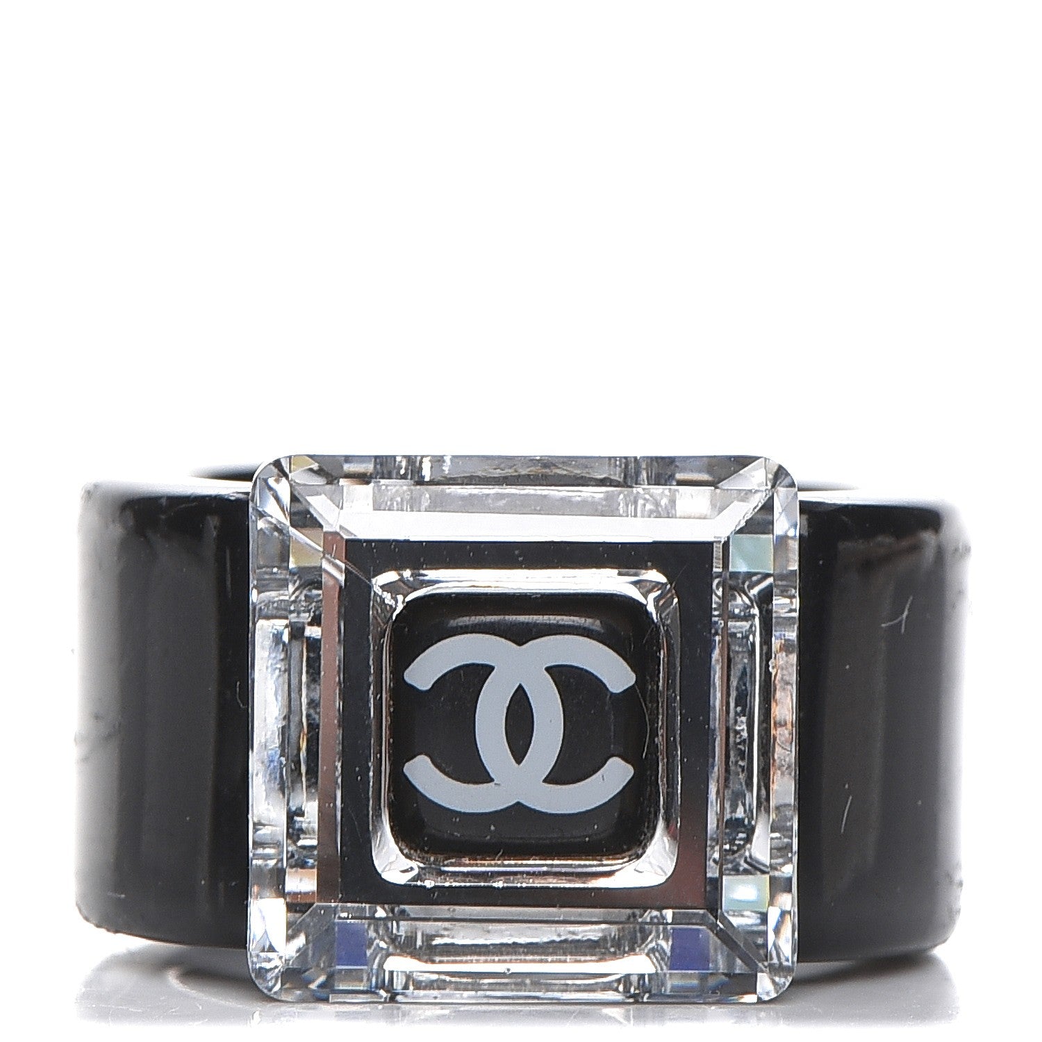Chanel Resin Crystal CC Square Charm Ring 7 Black 1 of 4