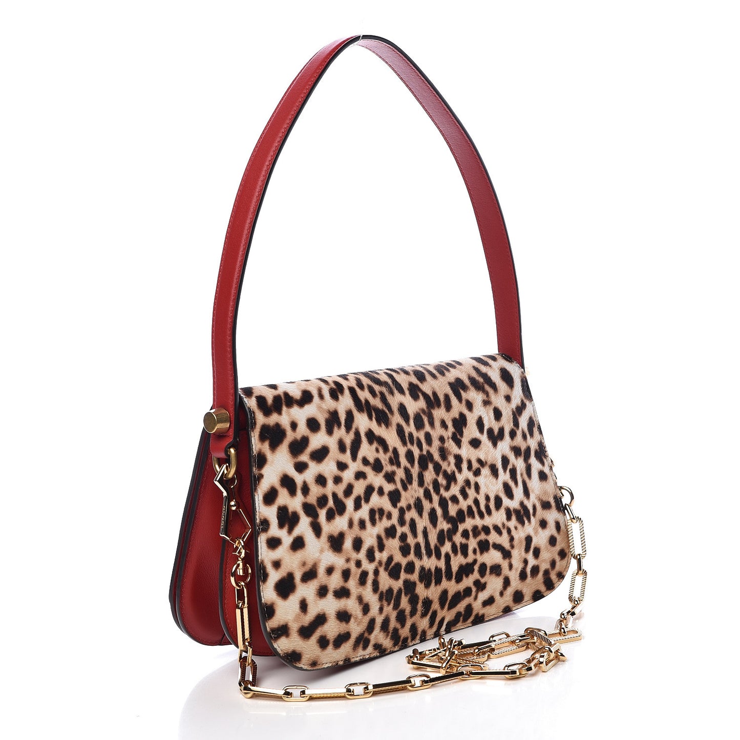 Calf Hair Leopard Print Shoulder Bag Red