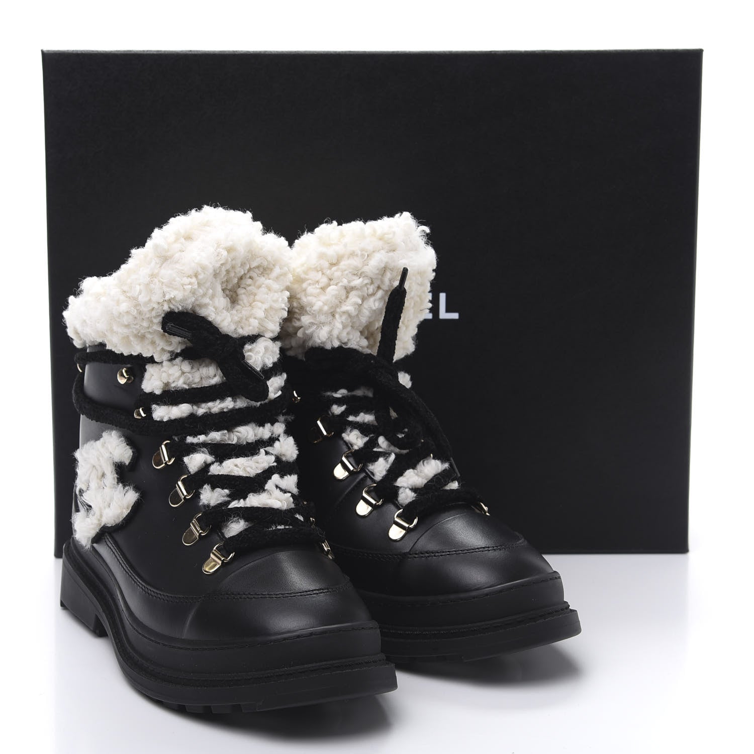 Chanel Calfskin Shearling CC Lace Up Boots 38 Black 10 of 10