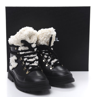 Chanel Calfskin Shearling CC Lace Up Boots 38 Black 10 of 10