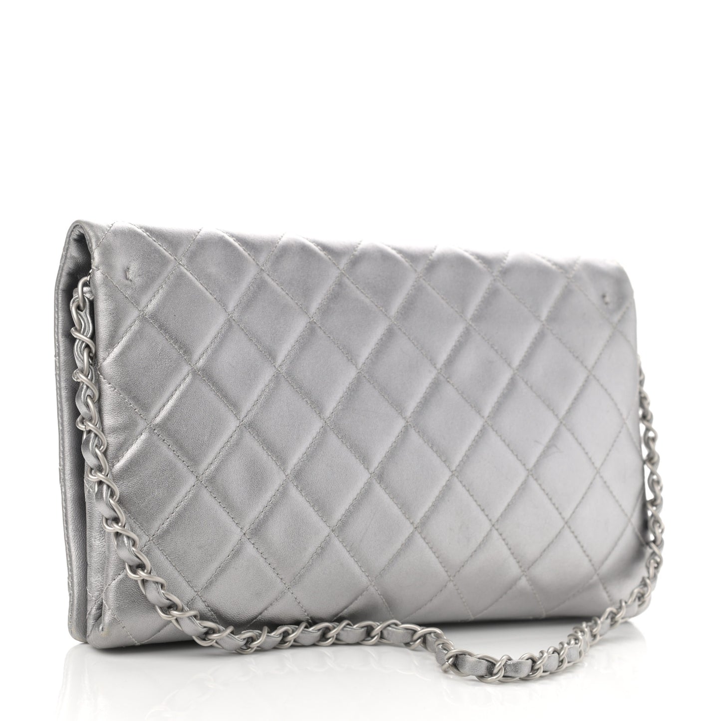 Metallic Lambskin Quilted Medium Leo Lion Flap Clutch Silver