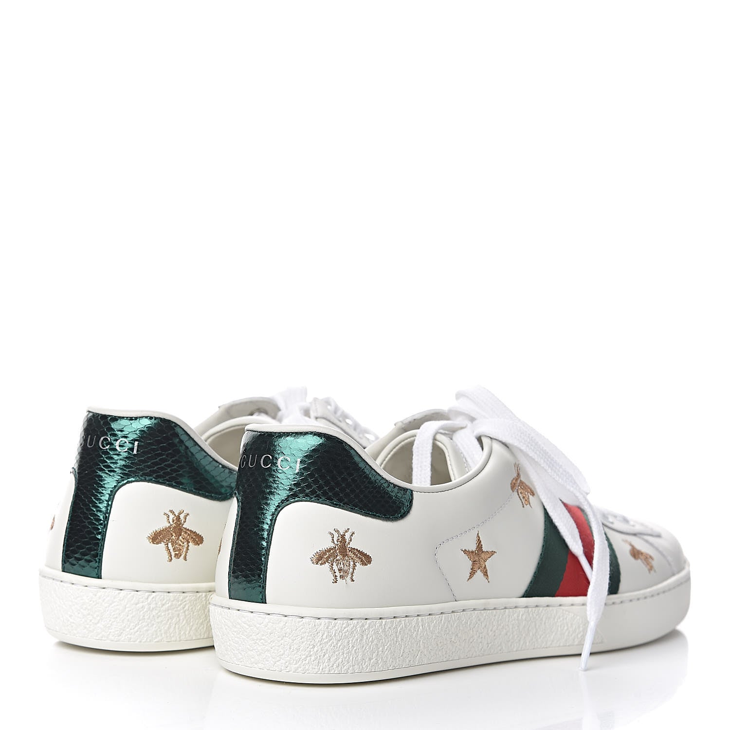 Gucci Calfskin Ayers Web Bee Star Embroidered Mens Ace Sneakers 9.5 White Green 4 of 10