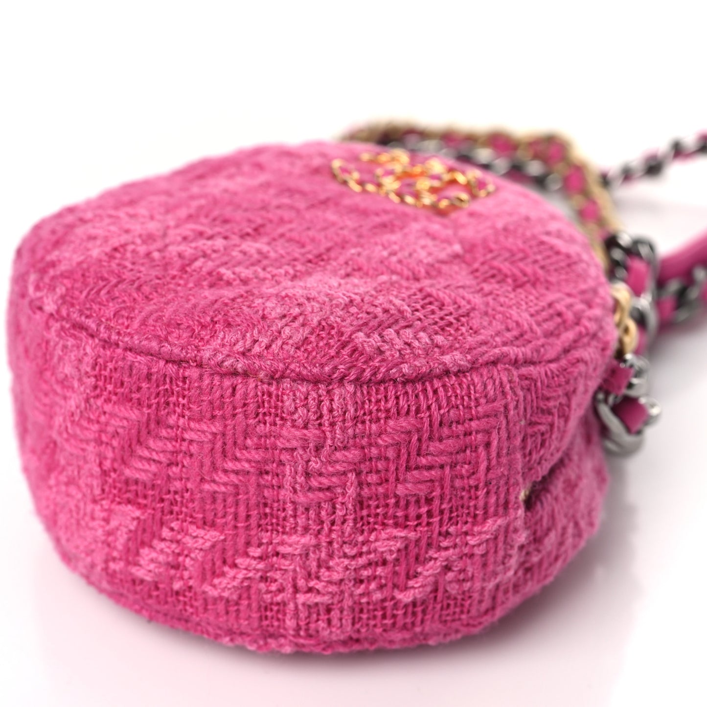 Wool Tweed Lambskin Quilted Chanel 19 Round Clutch With Chain and Coin Purse Fuchsia