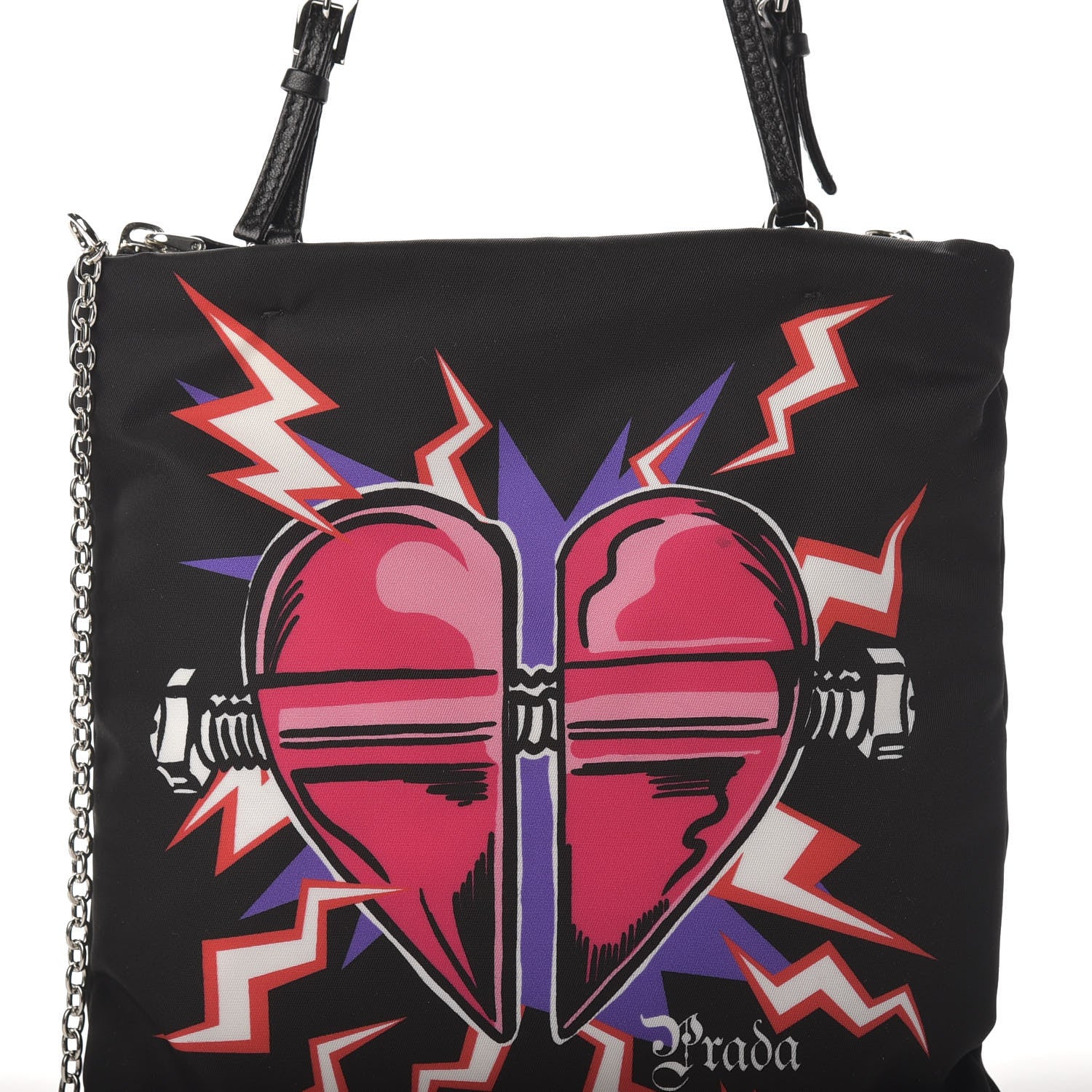 Prada X UNIVERSAL STUDIOS Tessuto Nylon Soft Calfskin Frankenstein Heart Chain Shopping Tote Black 12 of 12