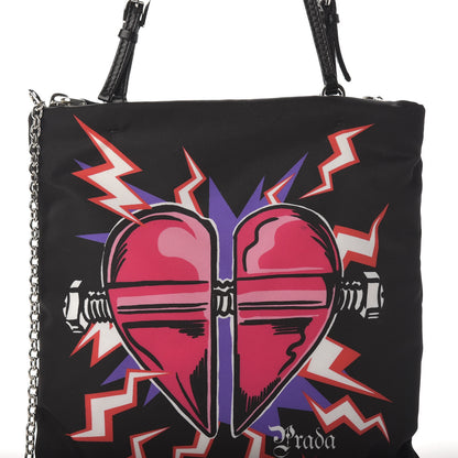 Prada X UNIVERSAL STUDIOS Tessuto Nylon Soft Calfskin Frankenstein Heart Chain Shopping Tote Black 12 of 12