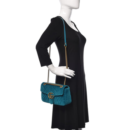 Gucci Velvet Matelasse Small GG Marmont Shoulder Bag Pavone Cyan 2 of 9