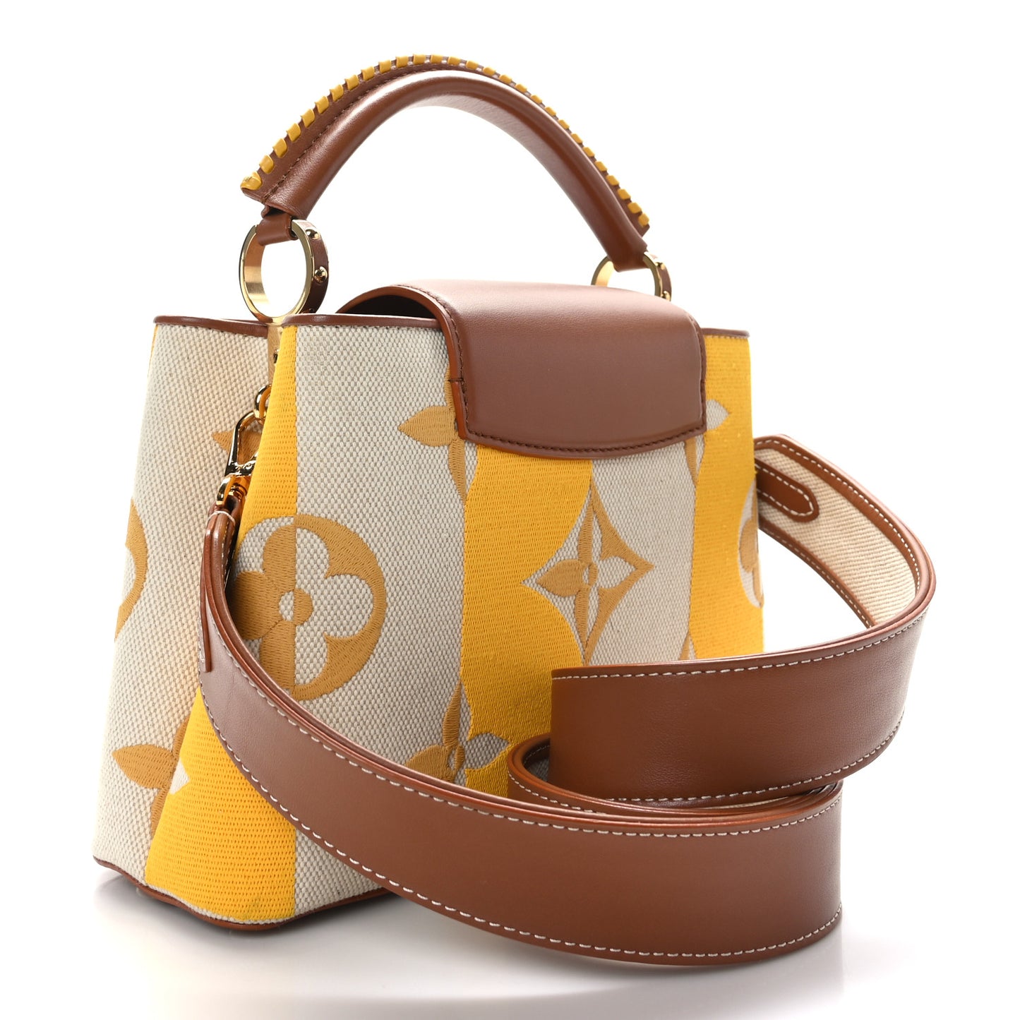 Canvas Calfskin Embroidered Braided Monogram Capucines BB Ecru Jaune