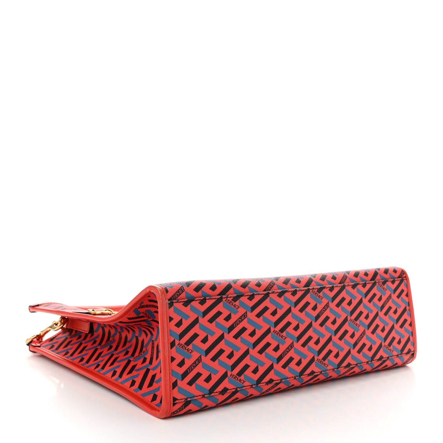 Coated Canvas Calfskin La Greca Signature Tote Bag Blue Red