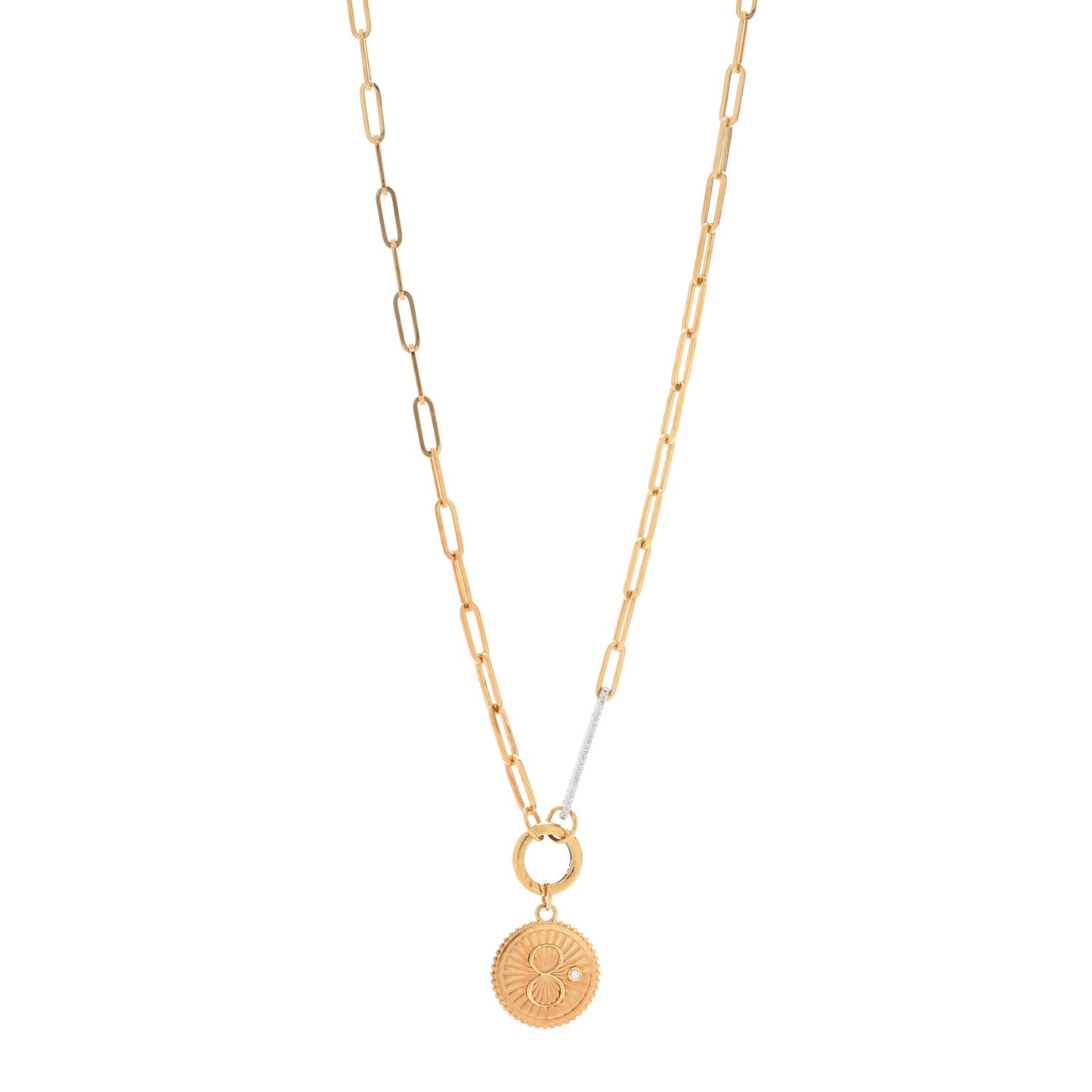 18K Yellow Gold Diamond Medium Karma Medallion Extended Open Clip Chain Necklace