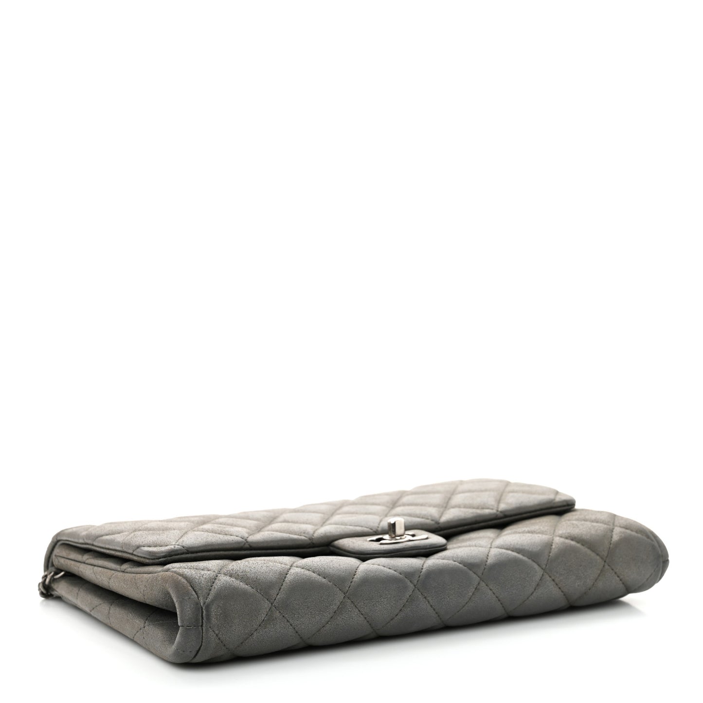 Metallic Calfskin Quilted Clutch With Chain Flap Charcoal Grey