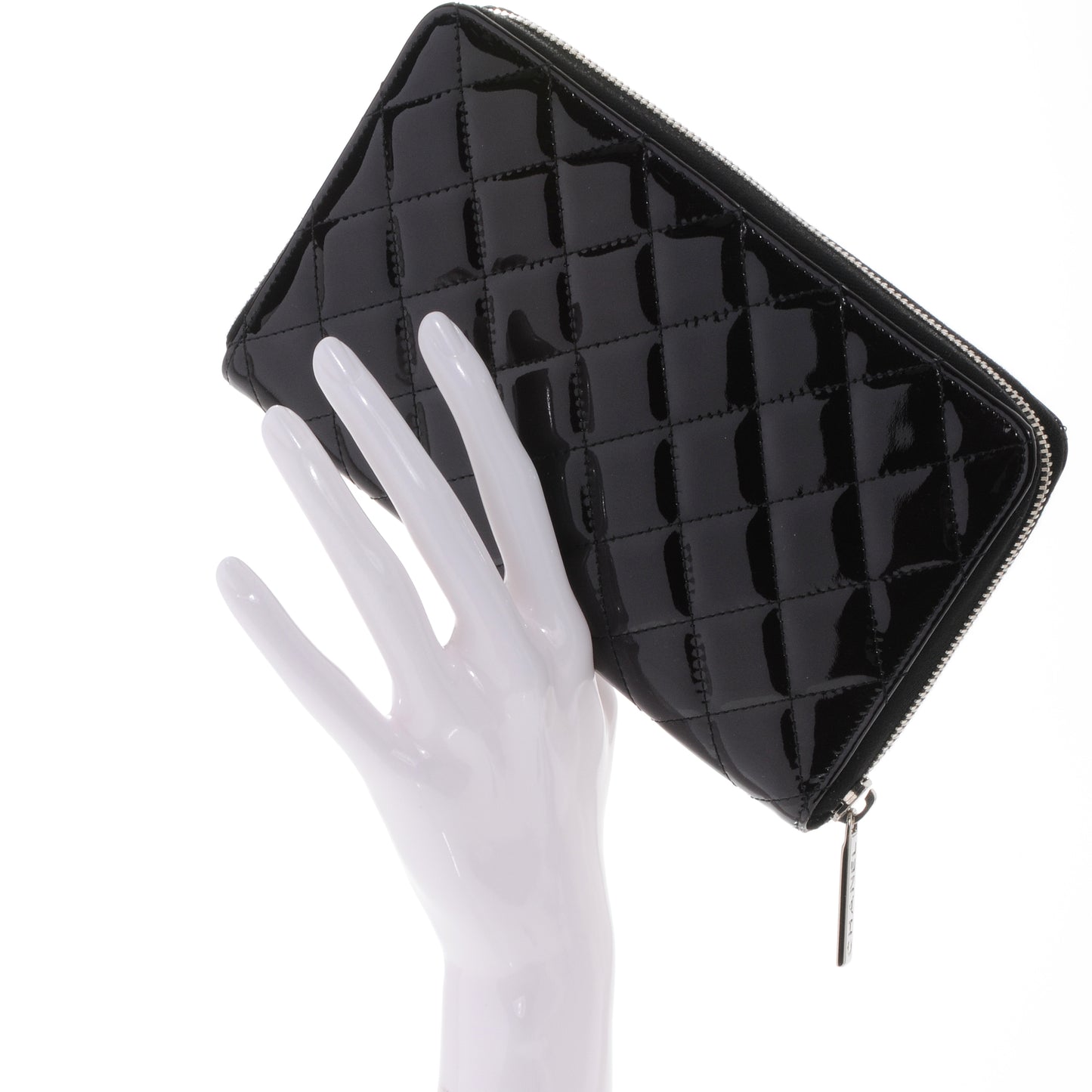 Patent Quilted Large Zip Around Wallet Black