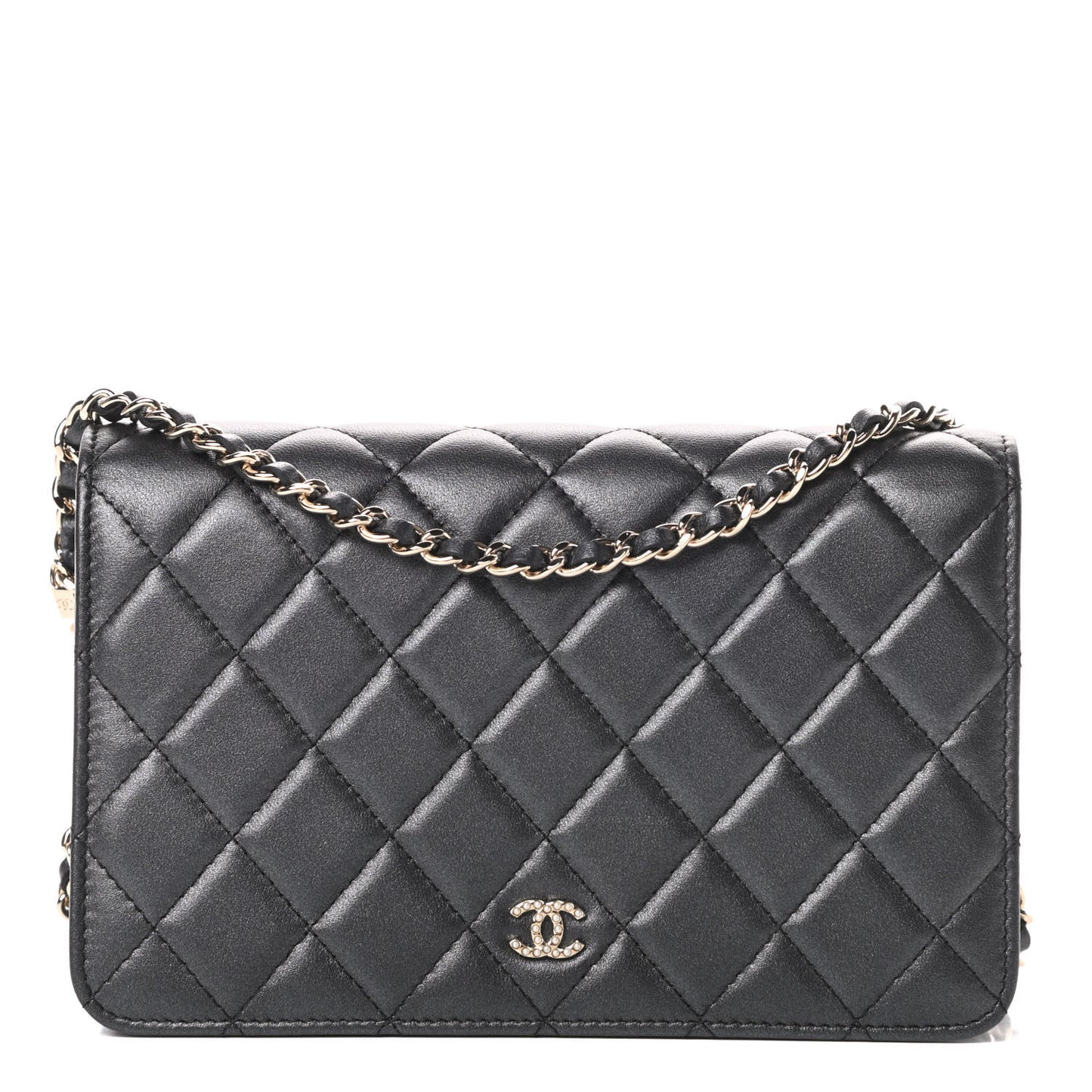Iridescent Lambskin Quilted Pearl Wallet On Chain WOC Black