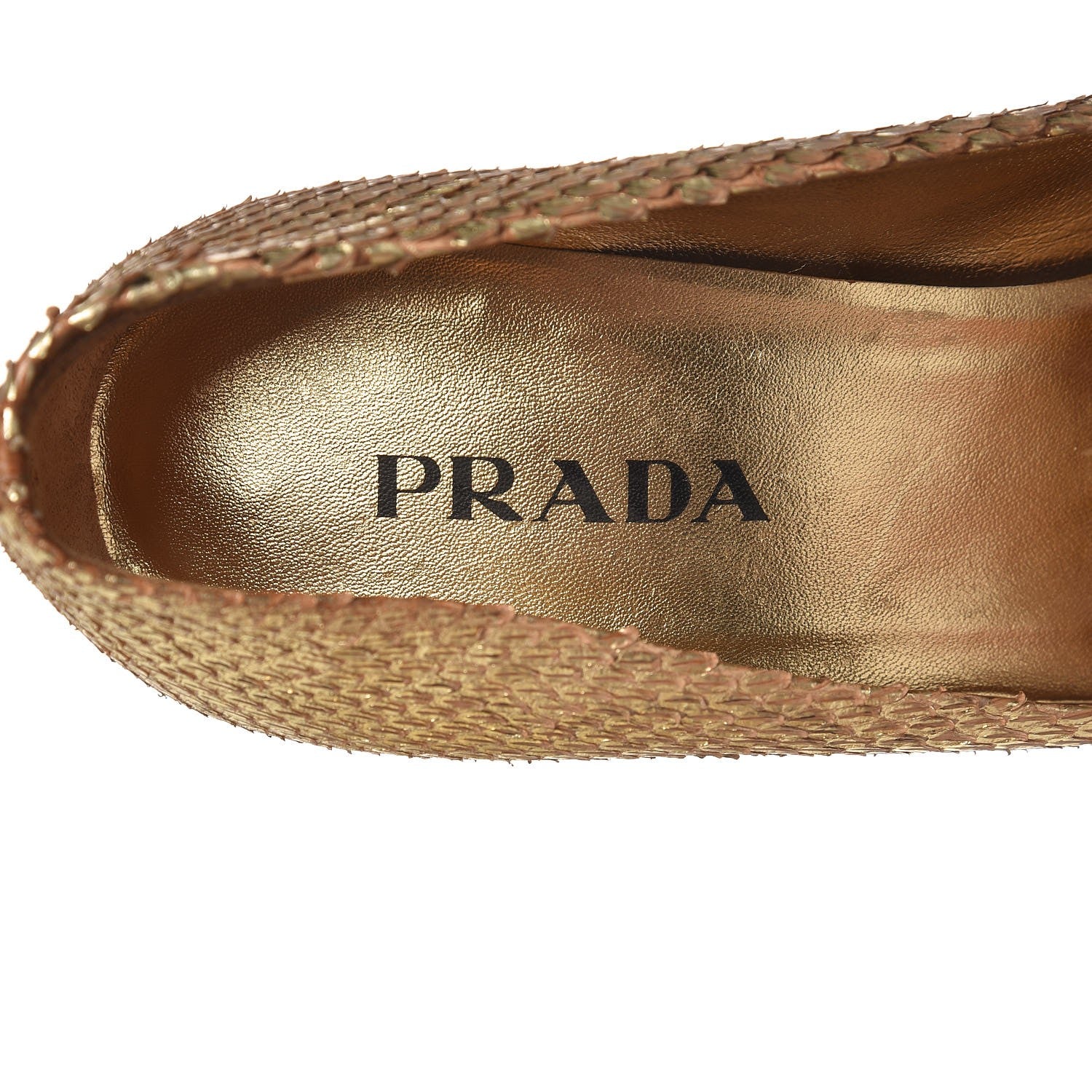 Prada Metallic Snakeskin Crystal Peep Toe Pumps 37 Gold 9 of 14