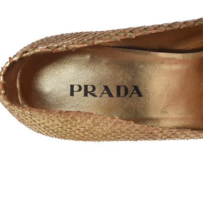 Prada Metallic Snakeskin Crystal Peep Toe Pumps 37 Gold 9 of 14