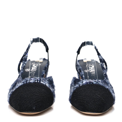Chanel Tweed Cap Toe CC Slingback Pumps 36.5 Navy Blue Black 2 of 8