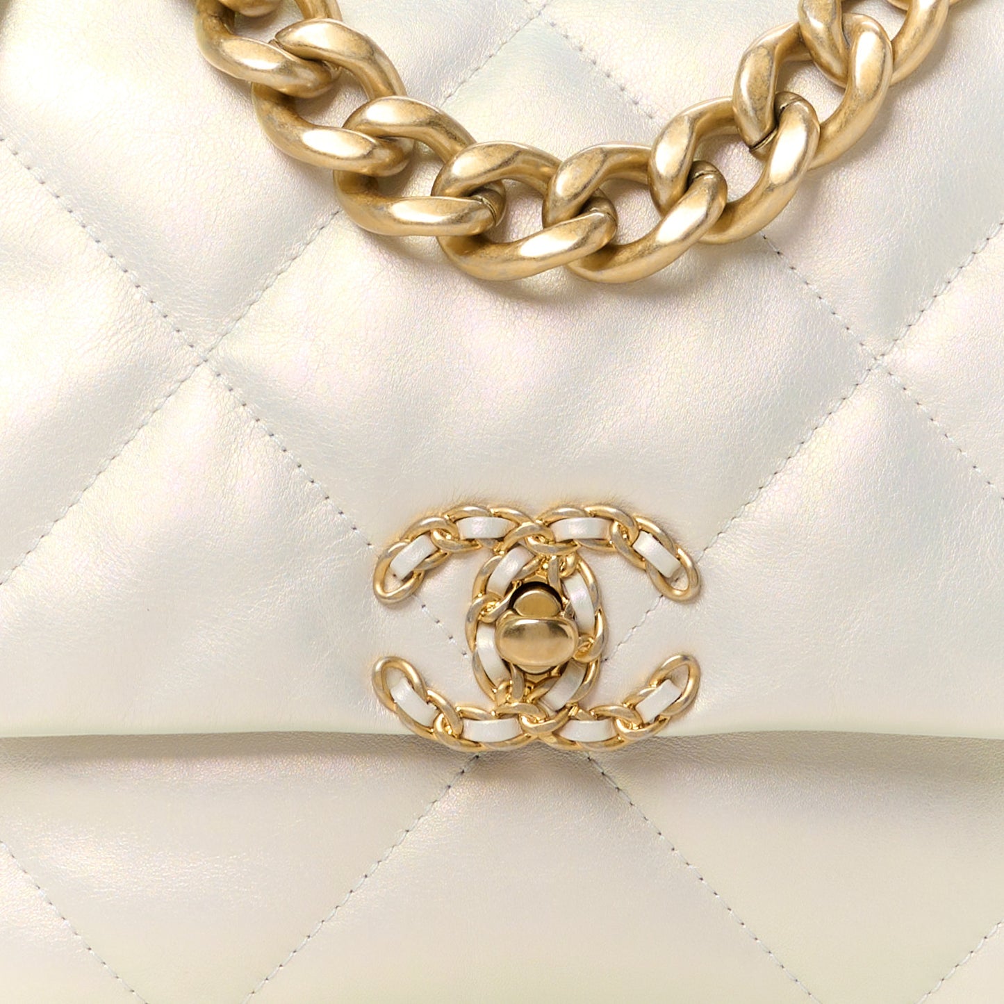 Iridescent Calfskin Quilted Large Chanel 19 Flap White