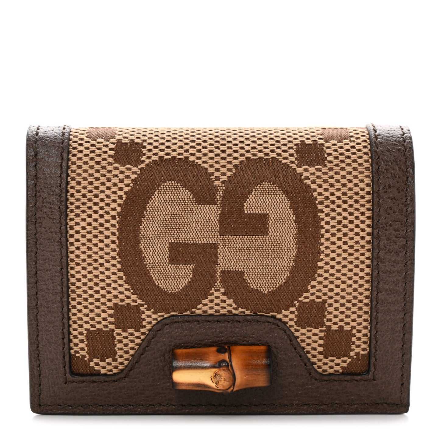 Monogram Jumbo GG Textured Dollar Calfskin Diana Card Case Wallet Camel Ebony New Acero