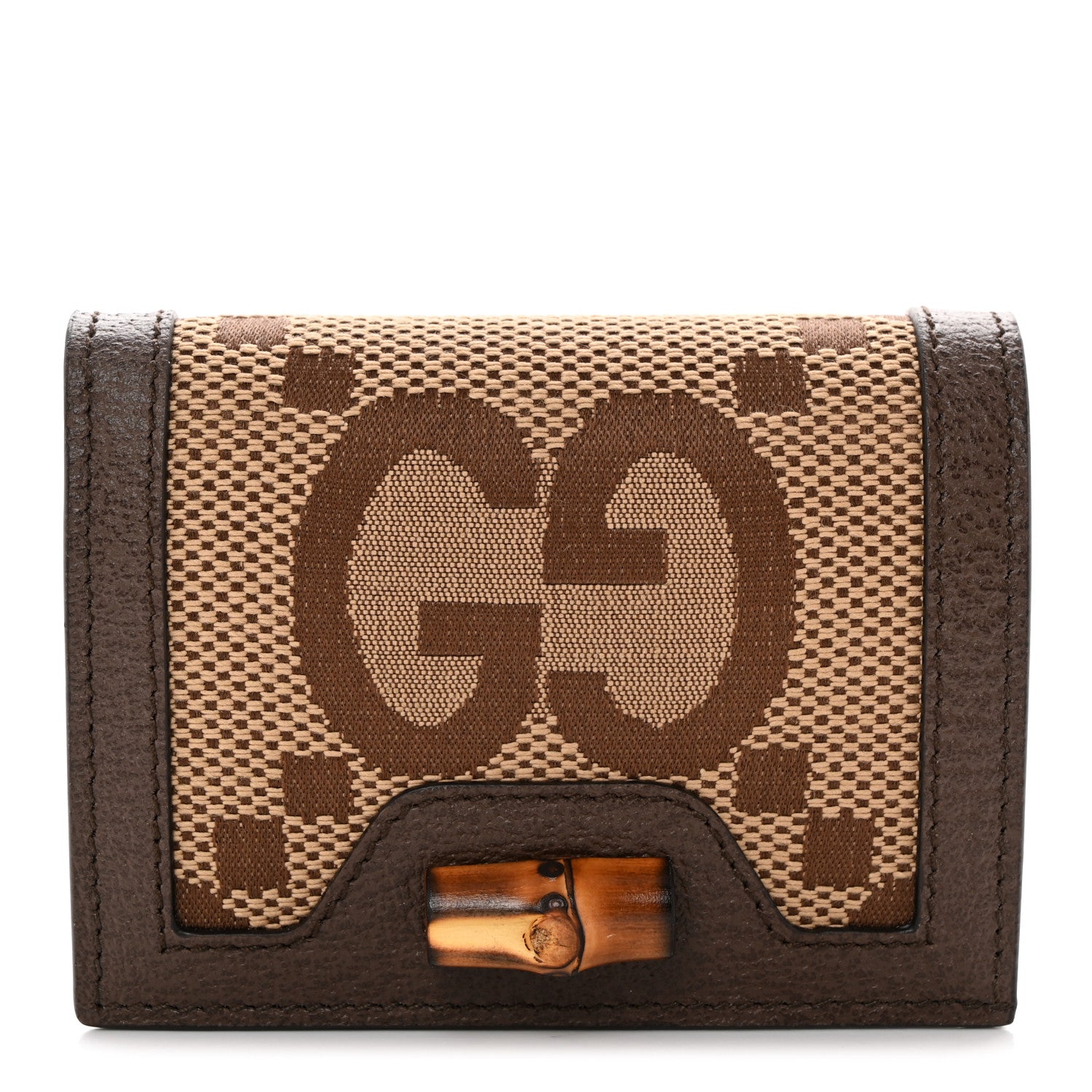 Gucci Monogram Jumbo GG Textured Dollar Calfskin Diana Card Case Wallet Camel Ebony New Acero 1 of 8