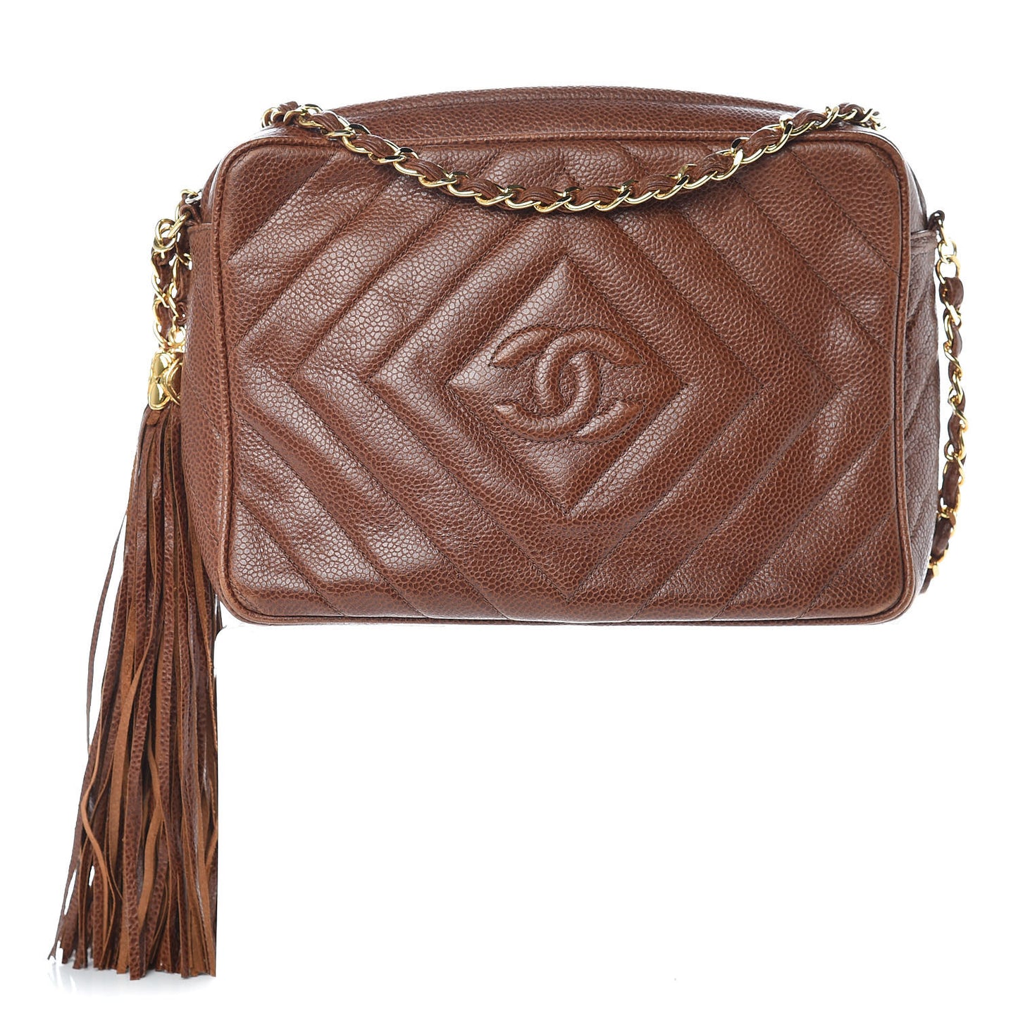 Caviar Chevron Quilted Tassel Camera Case Brown