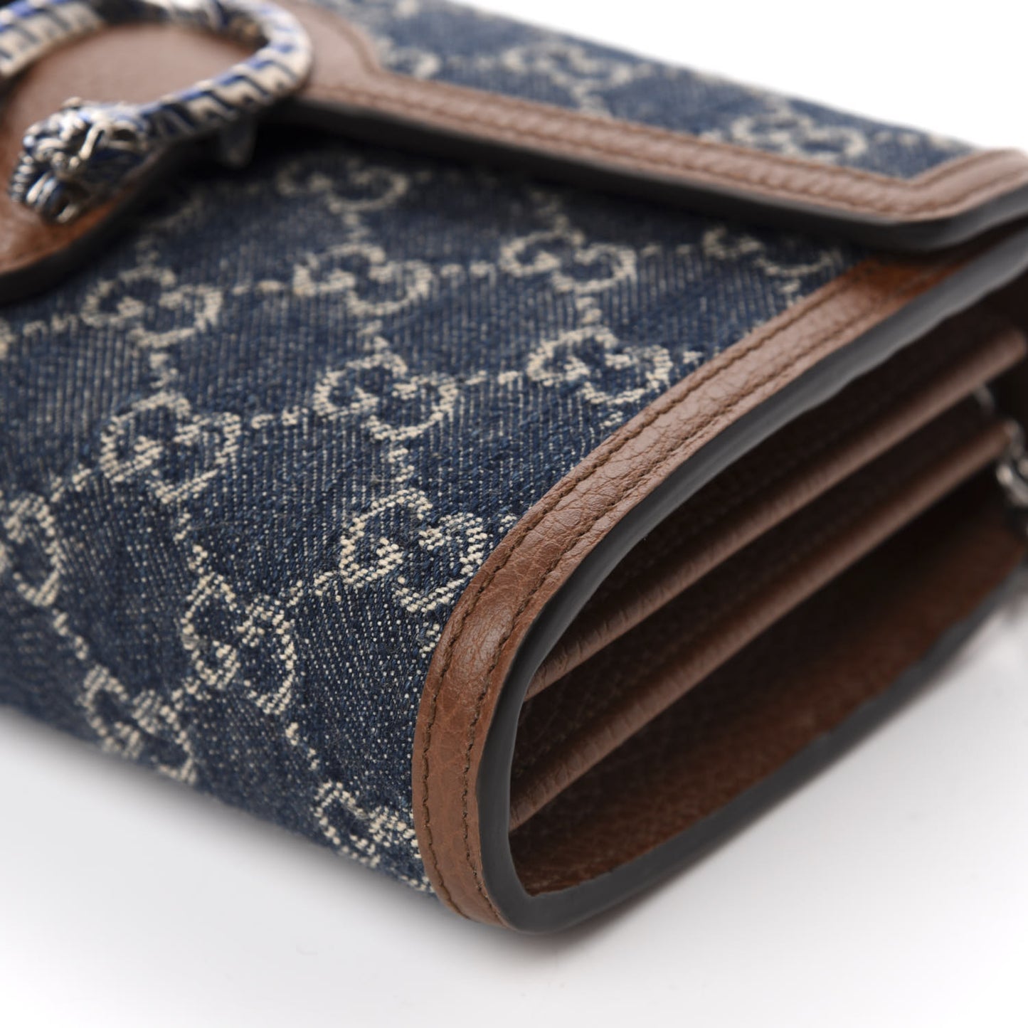 New Denim GG Monogram Dollar Calfskin Enamel Mini Dionysus Chain Wallet Blue Tea Cuir Epilog Electric Blue