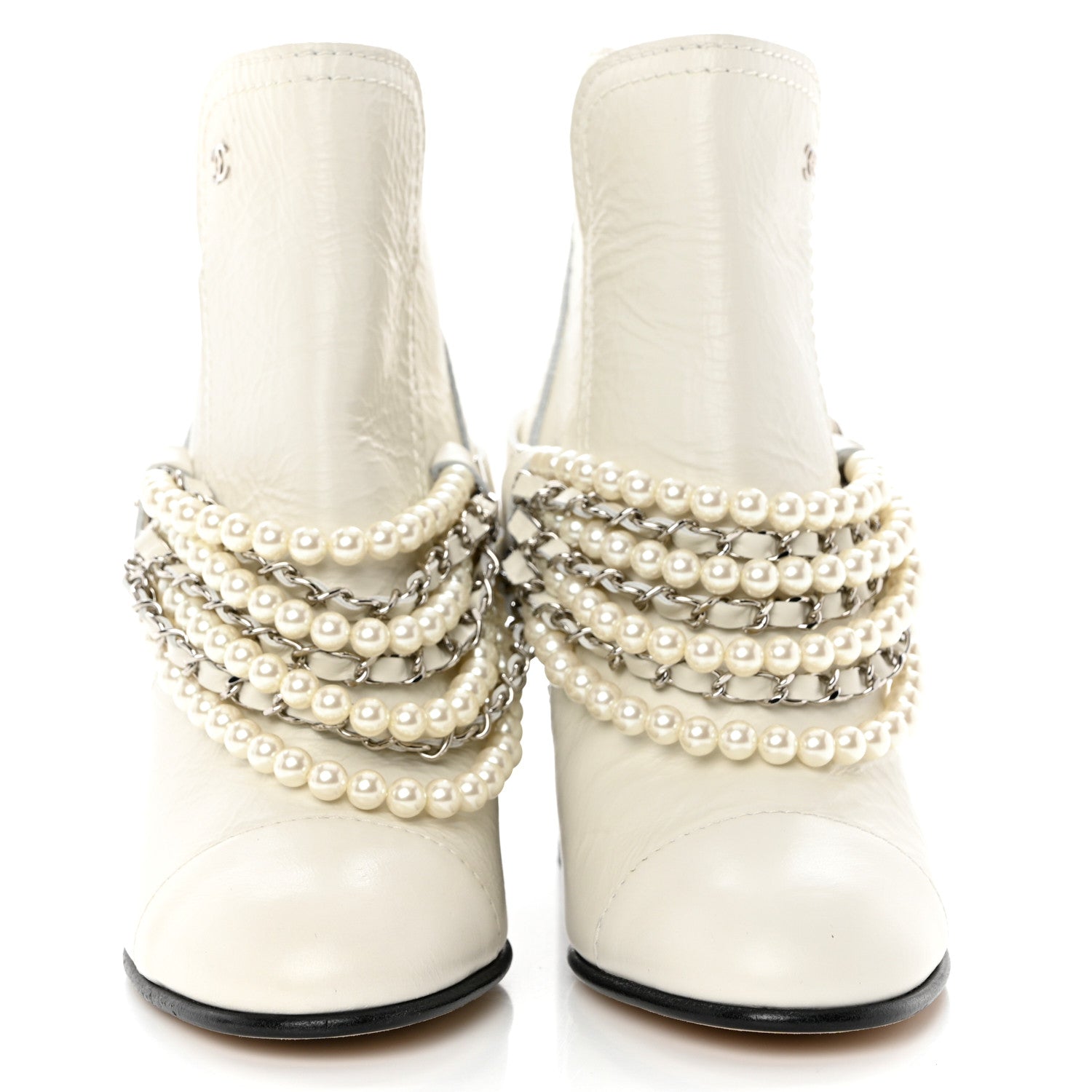 Chanel Crackled Calfskin Pearl Chain CC Short Boots 36 White 2 of 8