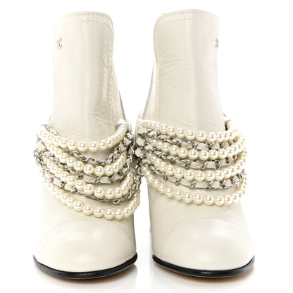 Chanel Crackled Calfskin Pearl Chain CC Short Boots 36 White 2 of 8
