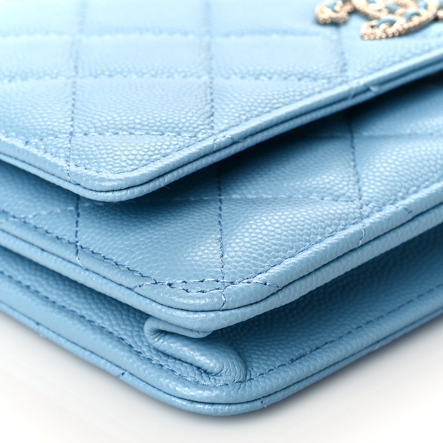 Chanel Caviar Quilted Crystal CC Wallet On Chain WOC Light Blue 10 of 12