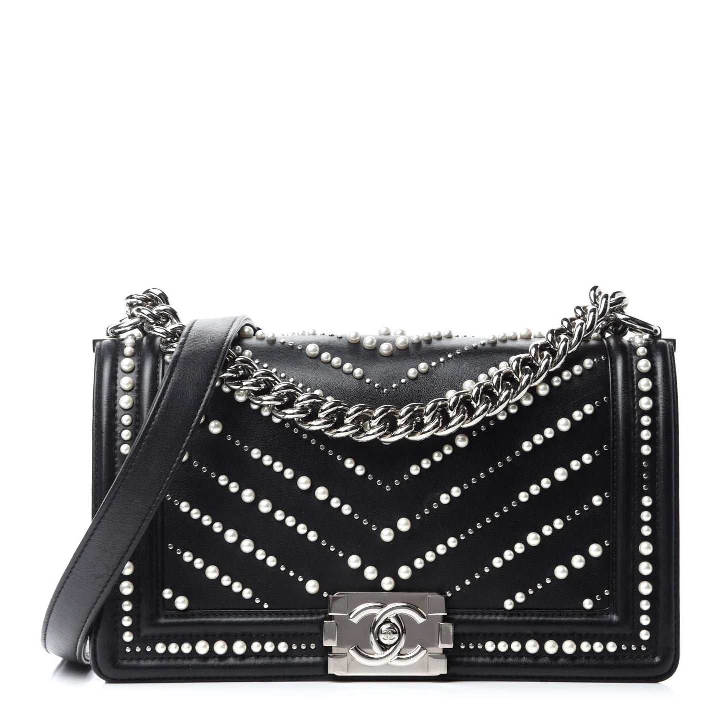 Calfskin Pearl Chevron Small Boy Flap Black