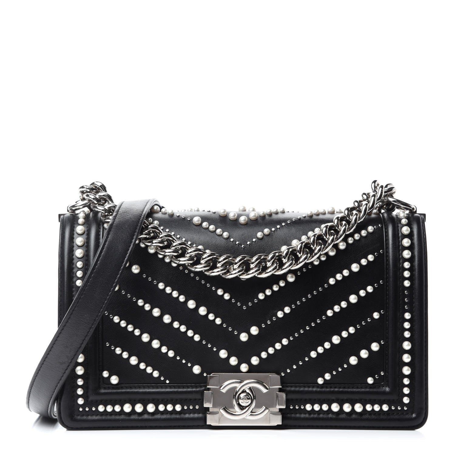 Chanel Calfskin Pearl Chevron Small Boy Flap Black 1 of 11