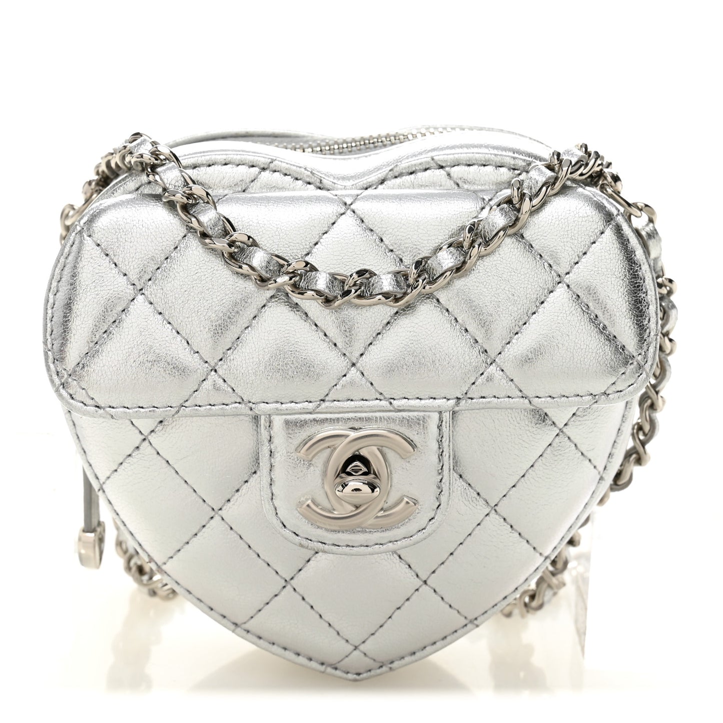 Metallic Lambskin Quilted CC In Love Heart Clutch With Chain Silver