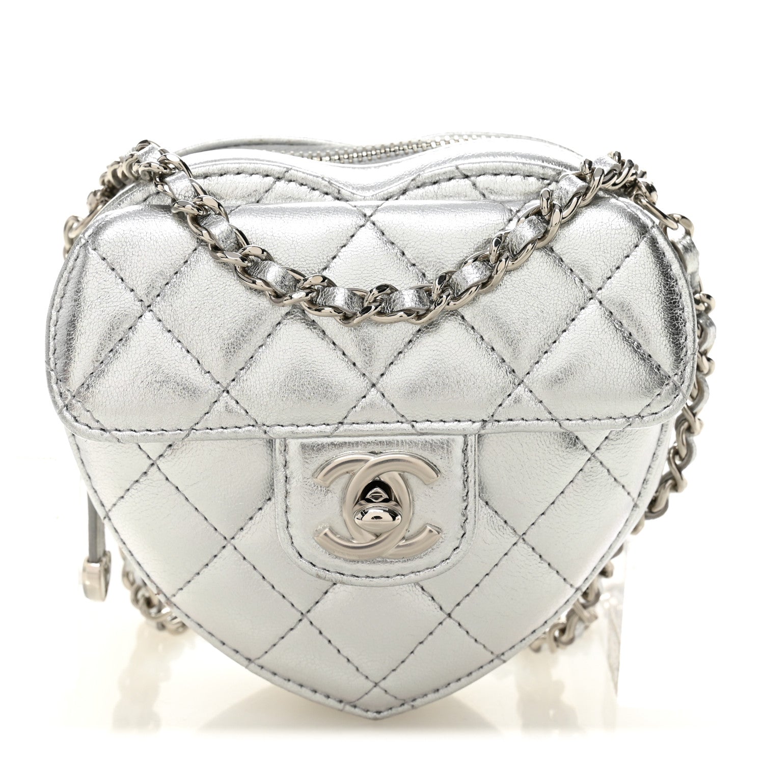 Chanel Metallic Lambskin Quilted CC In Love Heart Clutch With Chain Silver 1 of 10