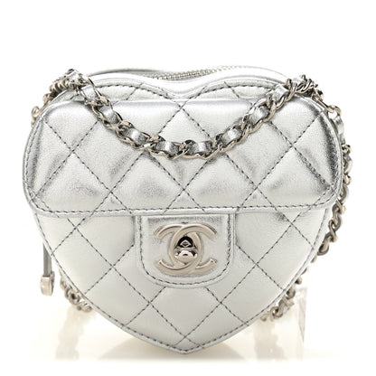 Chanel Metallic Lambskin Quilted CC In Love Heart Clutch With Chain Silver 1 of 10