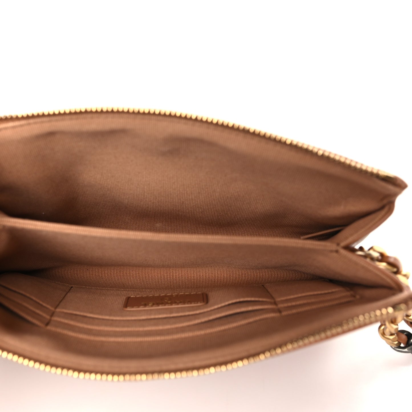Shiny Goatskin Quilted Small Chanel 19 Pouch With Handle Brown