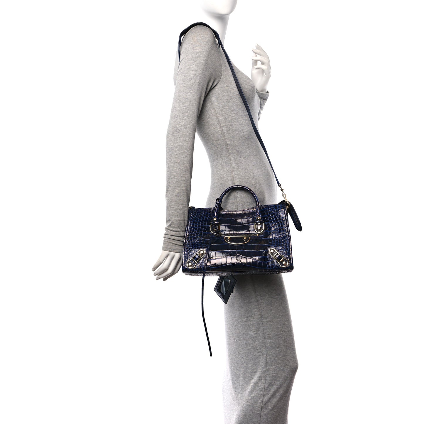 Calfskin Crocodile Embossed Gold Metallic Edge Hardware S City Bleu