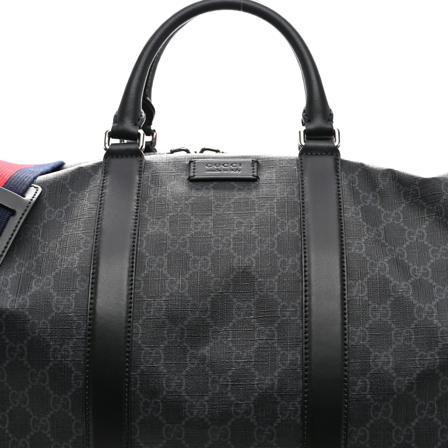 Soft GG Supreme Monogram Appia Calfskin Web Large Carry On Duffle Bag Black Grey