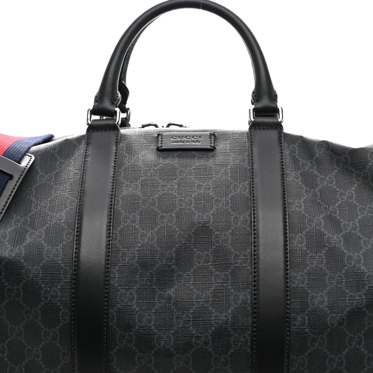 Gucci Soft GG Supreme Monogram Appia Calfskin Web Large Carry On Duffle Bag Black Grey 7 of 12
