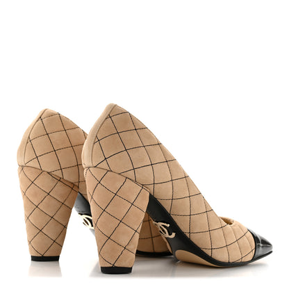 Chanel Suede Kidskin Patent Quilted CC Cap Toe Pumps 39 Beige Black 5 of 11