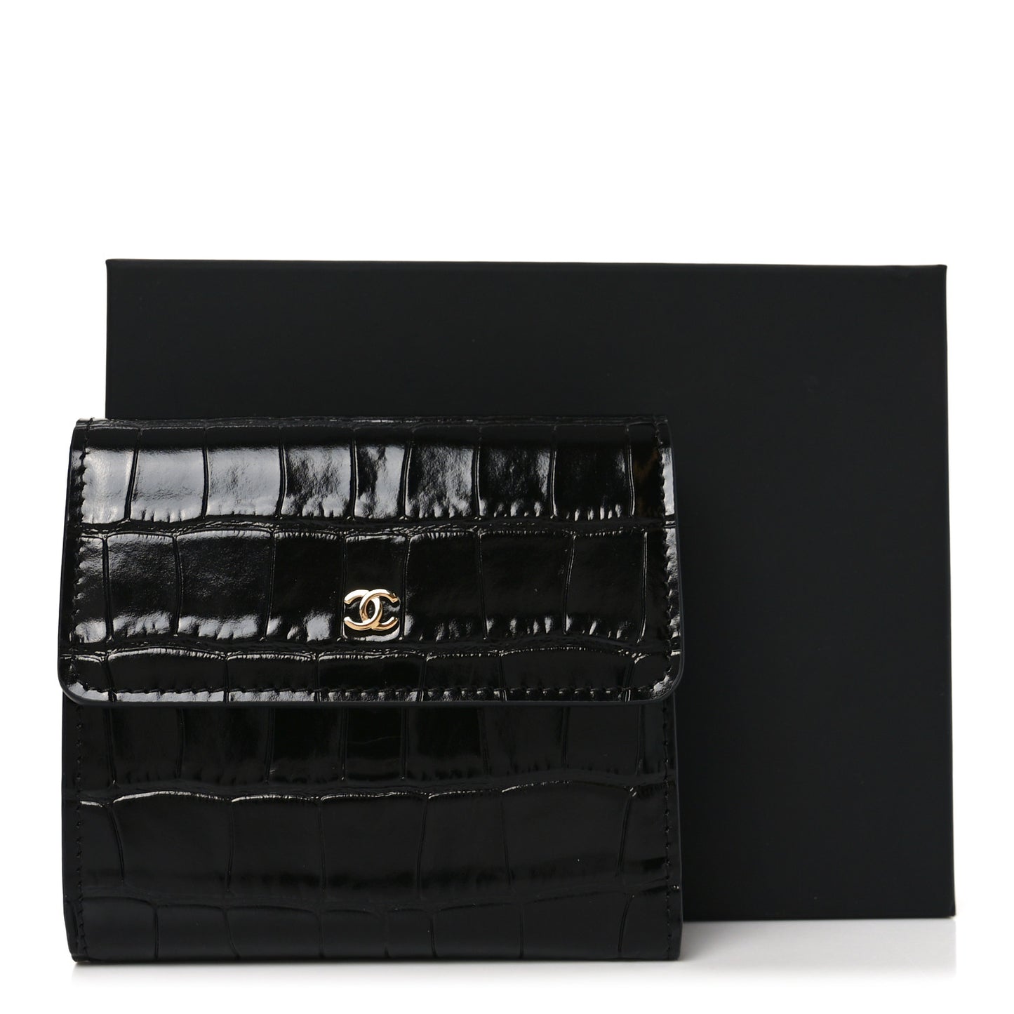 Calfskin Crocodile Embossed Crococo Flap Wallet Black