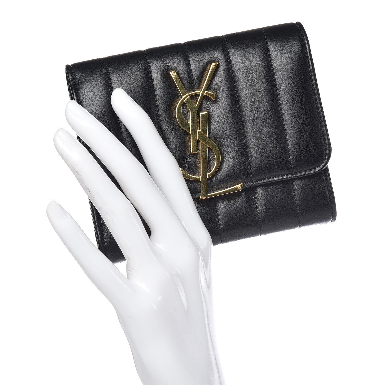 Saint Laurent Lambskin Matelasse Monogram Vicky Tri-Fold Wallet Black 2 of 11