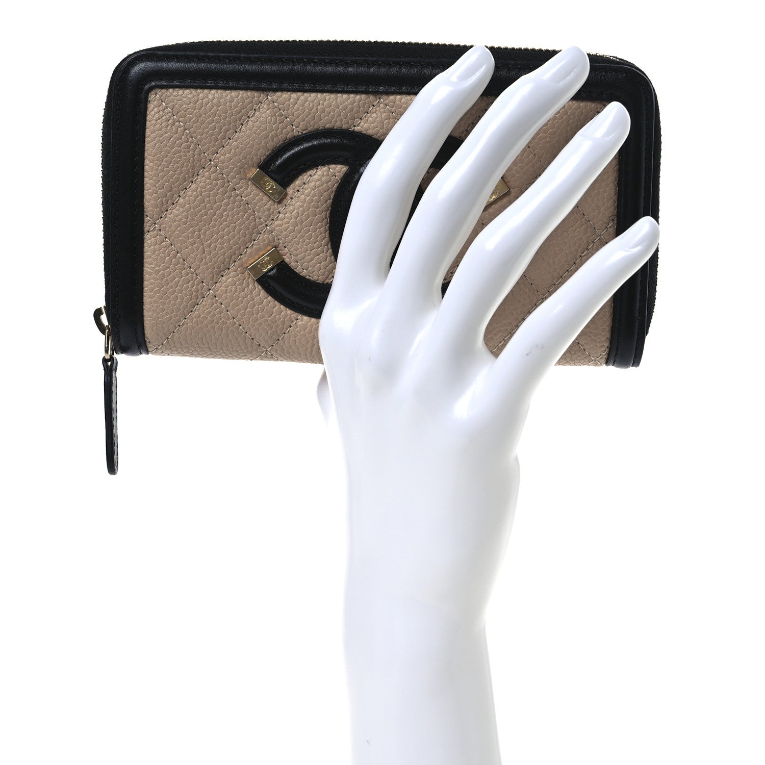 Chanel Caviar Quilted Small Filigree Zip Around Wallet Beige Black 2 of 8