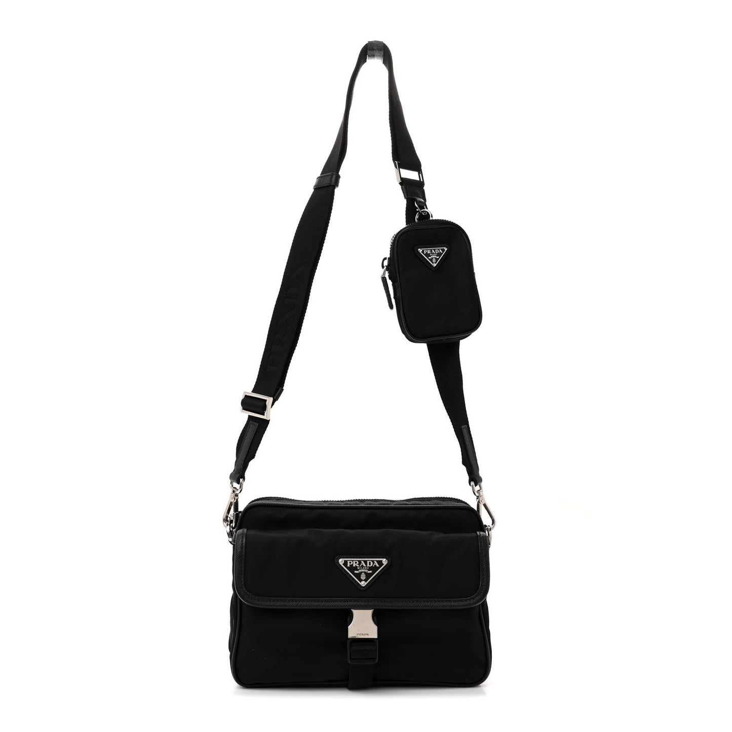Re-Nylon Saffiano Pocket Single Snap Buckle Shoulder Bag Black